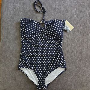 Michael Kors Bandeau one piece Logo Ring Halter Women's navy Blue swimsuit sz 14